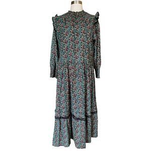 ROLLER RABBIT Maxi Dress Etoiles Delfia Black Starry Print Shift Long Sleeves S
